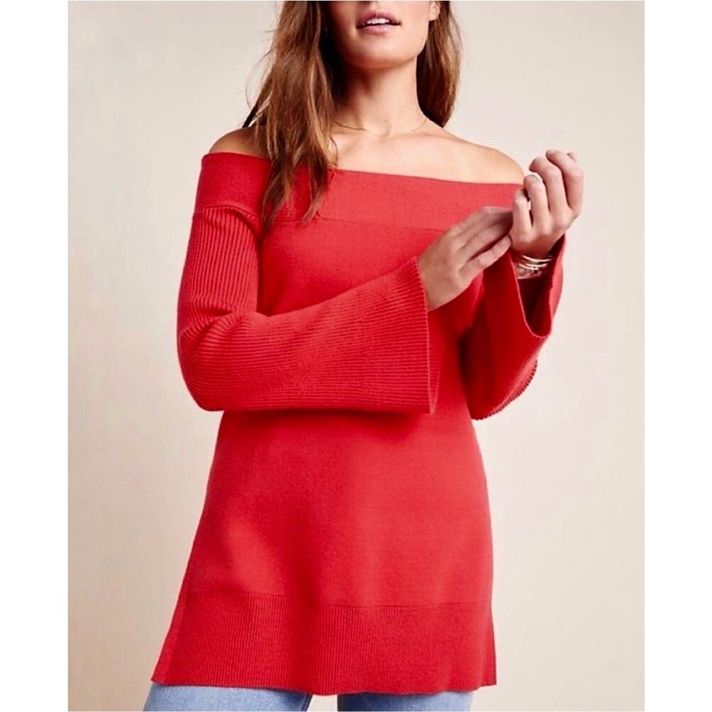Anthropologie Elise Off Shoulder Bell
Sleeve Tunic Sweater Red Small Holiday